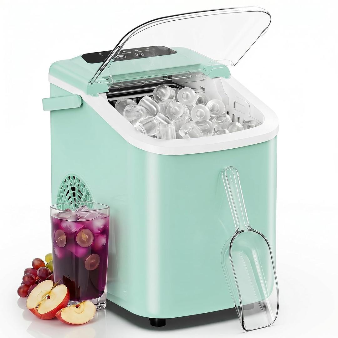 Sweetcrispy Countertop Ice Maker with Scoop, Basket and Handle, Portable Ice Machine 9 Cubes Ready in 6 Mins, 26.5lbs in 24Hrs, 2 Sizes for Home Kitchen Office Bar Party