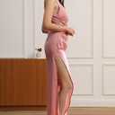 Velius Women's Satin Sleeveless Spaghetti Strap Elegant Backless Ruched Bodycon Slit Maxi Dress (Pink)