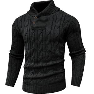 Men's Casual Knit Fisherman Sweaters Fall Winter Sweater V-Neck Cable Pullover Warm Knit Sweater for Men (Large, Black)