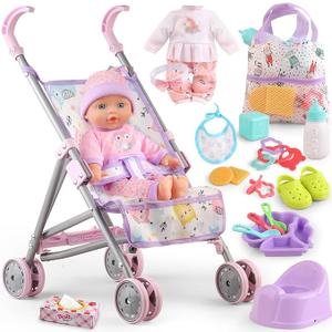 Baby Doll with Stroller Set for Realistic Pretend Play for 3 4 5 6 7 Year Old Toddler Girls Gifts. Baby Stroller Toys includes 12.5-inch Baby Dolls, 2 sets Doll Clothes and 17 PCS Doll Accessories