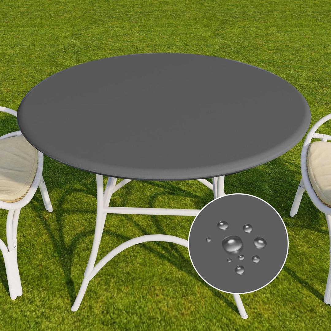 Romanstile Round Vinyl Tablecloth, 100% Waterproof Elastic Fitted Table Covers for 36"- 44" Tables, Wipeable Flannel Backed Plastic Table Cloths for Picnic, Camping, Outdoor - Dark Grey