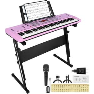 61 Key Keyboard Piano, Digital Kids Piano Keyboard with Stand, Gift for Early Education Children, Pink, 29.92 inches x 9.4 inches x 2.4 inches