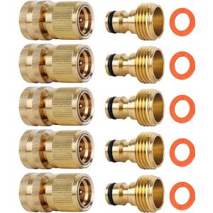 Garden Hose Quick Connectors, Solid Brass 3/4 inch GHT Thread Easy Connect Fittings No-Leak Water Hose Male Female Value Pack (5) Garden Hose Quick Connectors, Solid Brass 3/4 inch GHT Thread Easy Connect Fittings No-Leak Water Hose Male Female Value Pack (5)