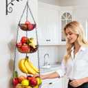 FANGSUN 3-Tier Hanging Fruit Basket for Kitchen Counter with Banana Hook, 36-Inch Heavy-Duty Wire Fruit Baskets with Leaf-Shaped Bracket for Kitchen Organizing Potato & Vegetable