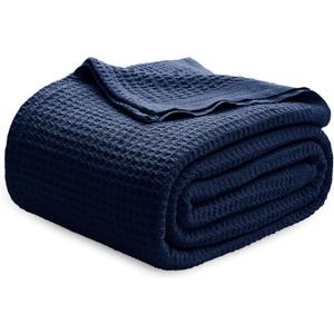 Bedsure 100% Cotton Blanket Queen Size for Bed - Breathable and Soft, Waffle Weave Blanket for Summer Spring, Pageant Blue, 90x90 Inches