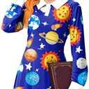 Remimi Women Halloween Costume Peter Pan Collar Long Sleeve Solar System Printed Cosplay Dresses, Size 2XL