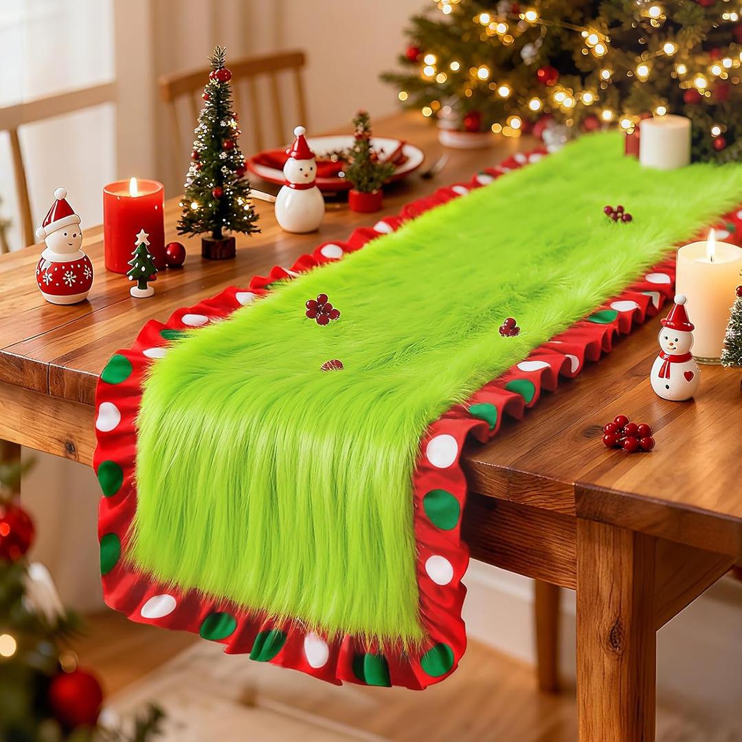 Christmas Green Faux Fur Table Runner, 15 x 72 Inch Christmas Soft Plush Table Runner with Polka Dots Ruffle Trim, Fluffy Shag Dresser Top Cover for Home Xmas Winter Holiday Party Decoration