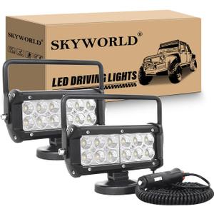 SKYWORLD 2Pcs Portable Magnetic Base Led Work Light Bar, 7 inch 36W Flood Beam, 12V 24V Off Road Driving Lights Fog Lamp for Car Truck 4x4 SUV ATV Tractors Excavator, 6000K White, Led Search Lights