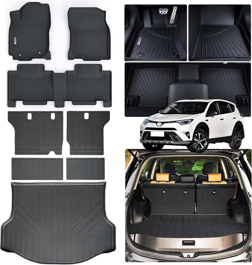 Floor Mats & Trunk Mat Backrest Mat for Toyota RAV4 2013-2017 2018Not for Hybrid or Prime TPE All Weather Protection 2 Rows Full Set Car Mats with Velcro Rear Seats Backrest