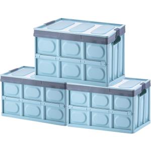 Phyllia Foldable Storage Boxes with Lidsz, 3 Pack Collapsible Plastic Storage Bins Organizer Containers Baskets Cub with Cover, Stackable Utility Crates Storage Box , Blue, 30L 