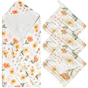 Zainpe 4Pcs Muslin Baby Hooded Towel & Washcloth Set, Flowers Soft Absorbent Cotton Bath Hand Towels Infant Shower Gifts for Newborn Toddler Boys Girls Feeding Teething Sleeping 31.5 X 31.5 in (Orange)