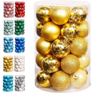 Lulu Home Christmas Ball Ornaments, 34 Ct 1.57" Pre-Strung Hanging Ornament Decorations, Xmas Shatterproof Plastic Balls for Holiday Party Wreath Garlands Trees, Golden