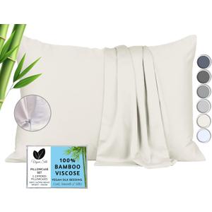 Pillow Cases - 100% Viscose Derived from Bamboo - Cooling Pillowcase - Queen Size, Cream, Set of 2 Zippered - for Hot Sleepers - Soft Pillow Covers - by Vegan Silk