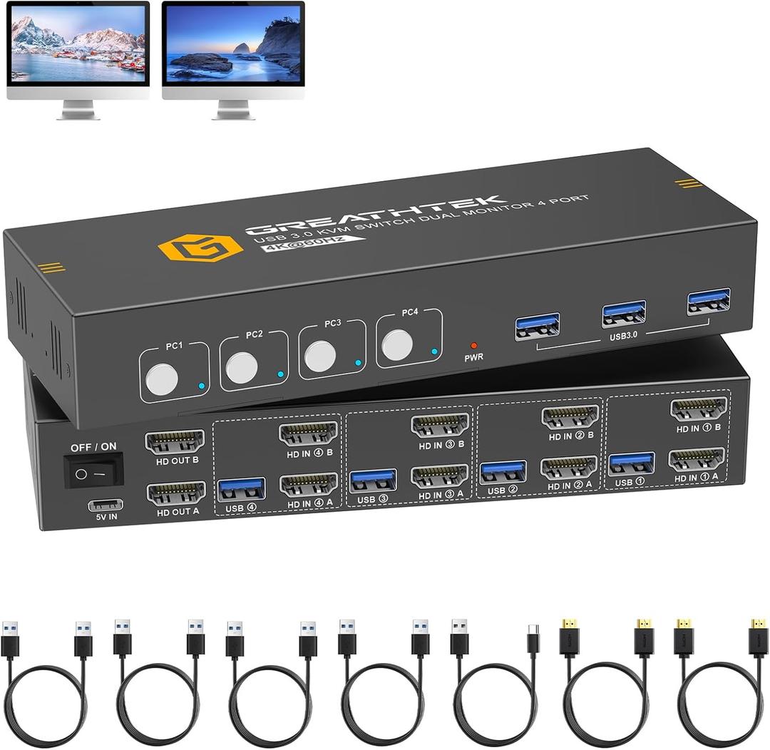 HDMI KVM Switch 4 Computers 2 Monitors with 3 USB3.0 Ports, 4K@60Hz Dual Monitor KVM Switch 4 Port for 4 PCs Share 2 Monitors, Support Button Switch, Adaptive EDID, 4 in 2 Out