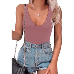 SAUNGKUAI Women’s Bodysuit Sexy Plunge Deep V Neck Backless Sleeveless Tank Thong Body Suits Tops for Going Out, Mauvepink, L
