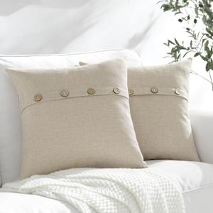 Meekio Set of 2 Biscotti Beige Pillow Covers 20 x 20 Linen Pillow Covers with Coconut Buttons for Sofa Couch Dcor