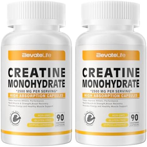ElevateLife Creatine Monohydrate 2500mg,90 Capsules - Gluten Free, Non-GMO 1 Pack (BBD: 07/2026)