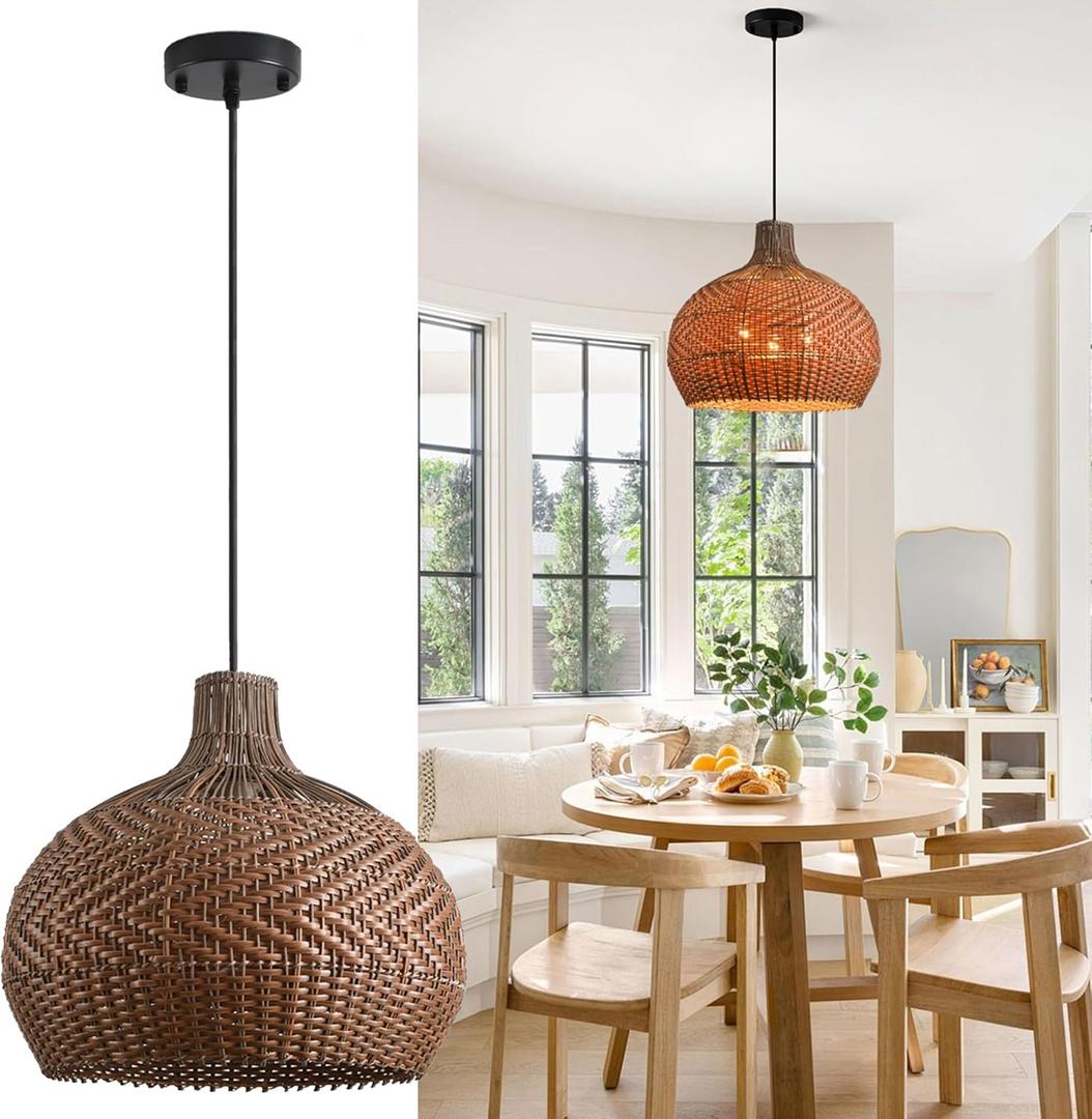 Brown Rattan Pendant Lights,15.8" Boho Chandelier Dining Room Light Fixture 3-Lights Wicker Hanging Ceiling Lighting for Kitchen Island Restaurant Bedroom Foyer Entryway Breakfast Nook (H006)