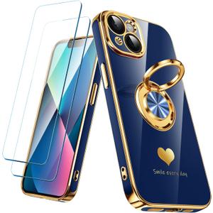 Compatible for iPhone 13 Case with 2 Pack Screen Protector, 360 Rotatable Ring Holder [Luxury Hearts Pattern] Plating Gold Edge Slim Soft Phone Cover Case for iPhone 13 - Blue