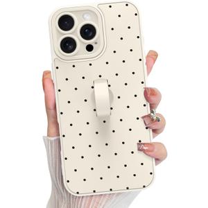 KANGHAR Compatible with iPhone 16 Pro Case, Silicone Spot Cute Pattern, Wristband Kickstand Camera Protection Soft Slim Cover for Girls Women -White