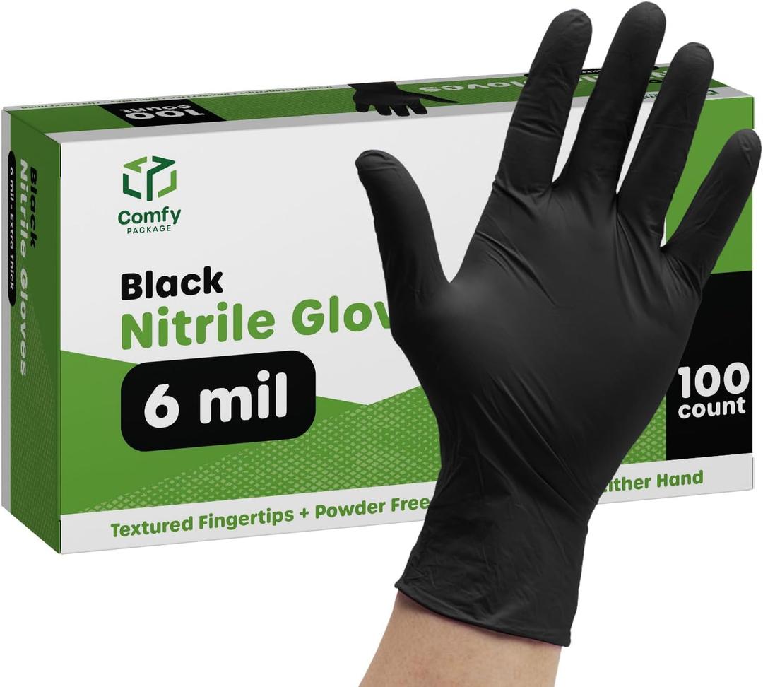 Comfy Package Black Nitrile HEAVY DUTY 6 Mil. Chemical Resistance, Latex & Powder Free, Textured Fingertips Disposable Gloves (Medium)