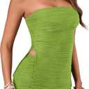 KIFOVEN Womens 2 Pieces Outfit Pleated Side Split Strapless Tube Top Shorts Set Summer Bandeau Going Out Set (Green, S)