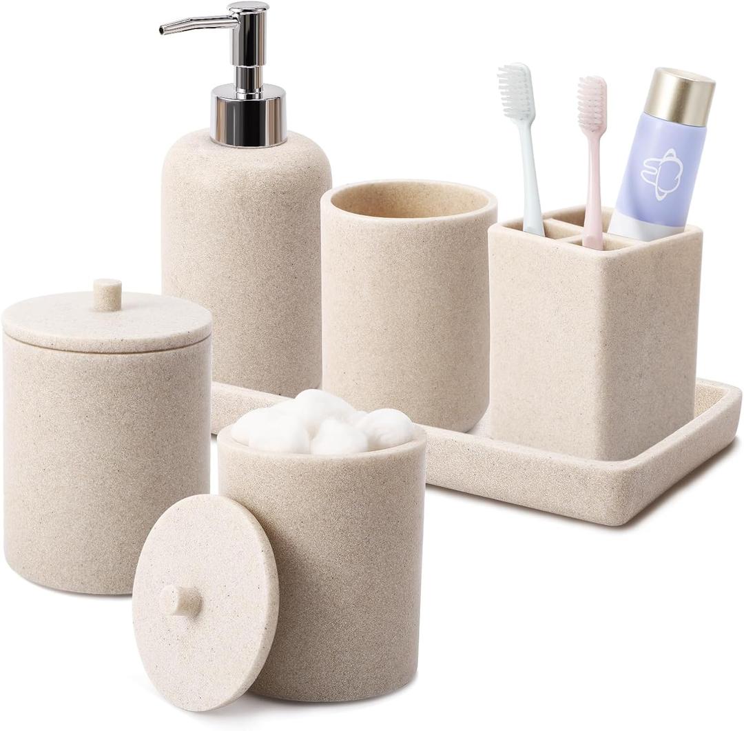 Resin 6 Pcs Beige Bathroom Set Complete with Toothbrush Holder, Lotion Soap Dispenser, 2 Qtip Holder Dispensers,Vanity Tray,Bathroom Tumbler - Countertop Vanity Organizer - Bathroom Accessories Set