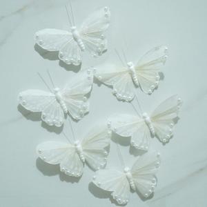 White Butterfly Stickers for Walls: 6pcs Feather Butterflies Wall Decor with Pearls Glitters for Girls Bedroom Baby Shower Wedding Cake Office Decor Floral Arrangement