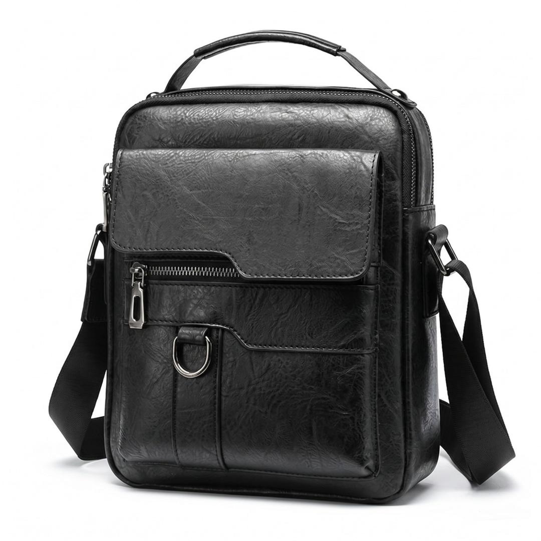 Men's Vintage PU Leather Crossbody Bag - Small Messenger Shoulder Bag for Travel and Work, Multi-Pocket Pouch with Handle and Adjustable Strap, Black