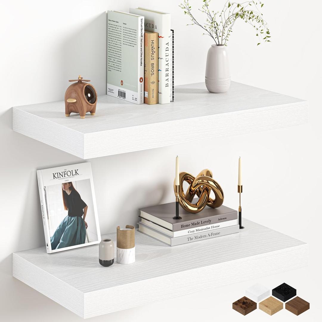 Fun Memories 12 Inch Deep White Floating Shelf, 24 x 12 Rustic Wood Wall Shelf for Books, 2" Thick Deep Floating Shelf for Storage & Display in Kitchen, Living Room, Bedroom, 2 Packs