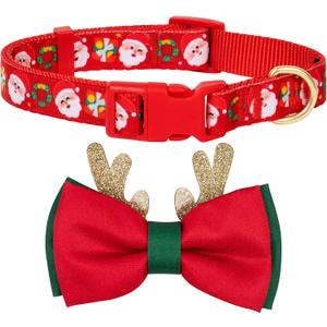 Azuza Christmas Dog Collar with Santa Print, Adjustable Holiday Pet Collar with Removable Glitter Antler Bowtie for Medium Dogs (M - Neck: 14-20 Inch)