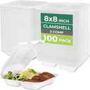 Freshware Clamshell Food Containers with Lids [8x8"] 3-Compartment 100-Pack, Disposable To Go Containers, Biodegradable Sugarcane To Go Boxes - Paper Container - Microwave & Freezer Safe, Stackable