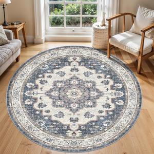 Washable Living Room Circle Rug: 6ft Round Rugs for Bedroom Dining Room Indoor Oriental Ultra Thin Soft Carpet Water Resistant Floral Distressed Non-Shedding Floor Carpets Home Decor (6ft-Round,Blue)