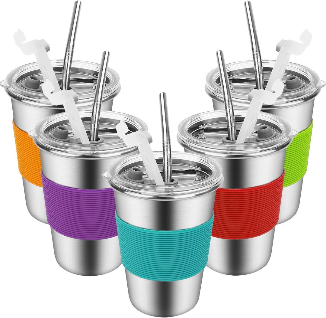 Yummy Sam Stainless Steel Cups with Straws and Lids,12oz Spill-proof Kids Tumblers Dishwasher Safe, Unbreakable Metal Toddler Cups with Heat-insulated Sleeves for Cold Drinks, 5 Pack