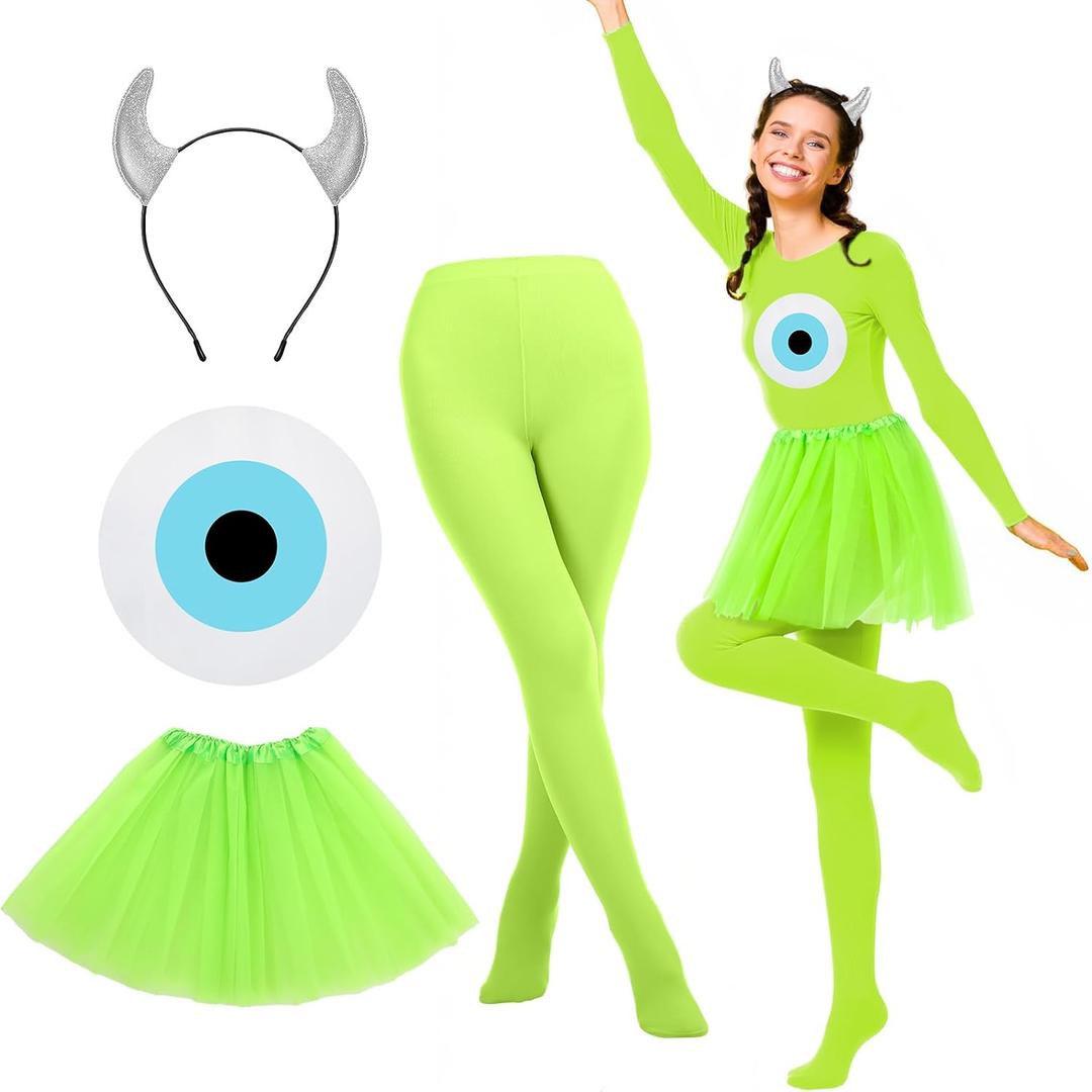 4 Pcs Halloween Bright Green Large Single Eye Monsters Costume Accessories Set Including Devil Horn Headband Stocking Pantyhose Green Tutu Skirt Eye Transfer Sticker for Women Halloween Cosplay Party