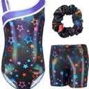 Gogokids Gymnastics Leotards for Girls Sloping Shoulders Kids Dance Unitards Biketards with Shorts for 3-12 Years