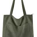 Prite Corduroy Tote Bag for Women Large Shoulder Bag with Zipper and Pockets for College School Work Travel Shopping (Dark Green)