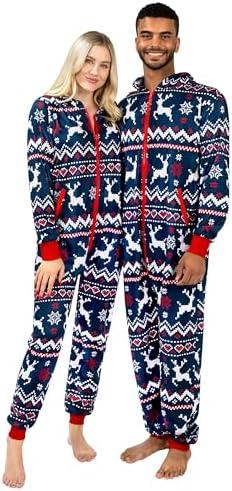 Giggling Getup Matching Pajamas for Couples, Christmas Pajamas for Women and Men, Nordic Reindeer Pattern Hooded Jumpsuits, Pack 2, S/L