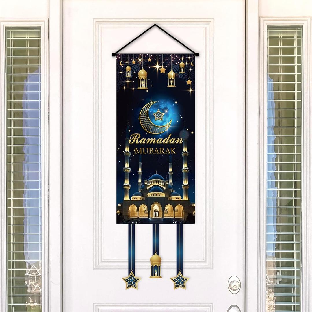 Ramadan Mubarak Banner Blue Ramadan Door Decorations Hanging Welcome Banner Sign for Holiday Party Supplies Home Office Decor