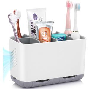 Boperzi Toothbrush and Toothpaste Holder Drainage for Bathroom Countertop with Adjustable Dividers, Large Toothpaste Caddy Organizer Storage Rustic Decor Set Anti-Slip for Shower,Family,Kids Gray (Grey)
