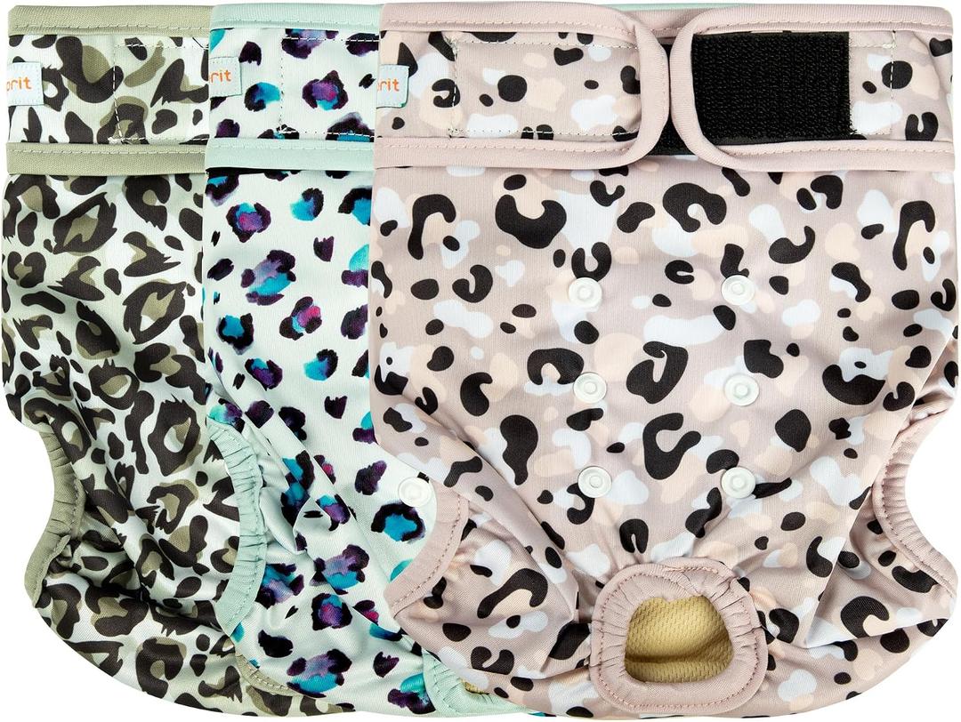 3 x Langsprit Washable Female Dog Diapers - Doggie Reusable Diapers for Doggy Puppy Female in Period - Highly Absorbent Dog Heat Panties Leopard XXL