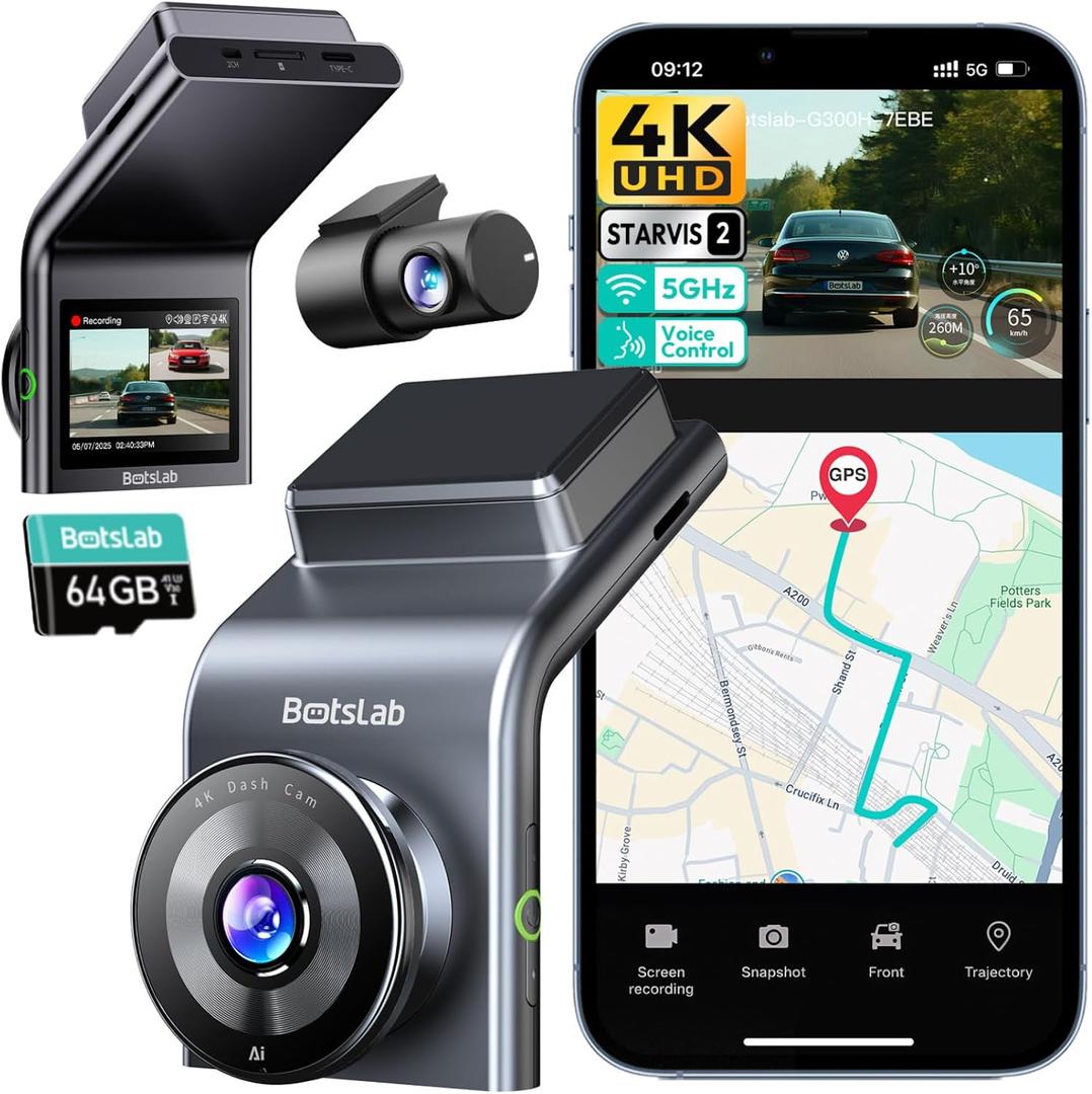 BOTSLAB 4K Dash Cam Front and Rear, STARVIS 2 Sensor, Voice Control, 64GB Card Included, 5GHz WiFi Dashcam Front and Rear Camera, Built in GPS, WDR Night Vision, 170Wide Angle, 24H Parking Mode