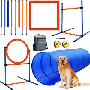 Dog Agility Training Equipment, 60-Piece Dog Obstacle Course Training Starter Kit Pet Outdoor Game with Tunnel, Agility Hurdle, Weave Poles, Jump Ring, Pause Box, Toy Balls and Storage Bag (5 PCS SET with Tunnel)