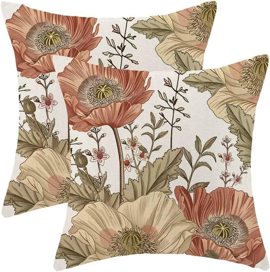 BETGINY Vintage Floral Pillow Covers 20x20 Set of 2, Rust Brown Flower Botanical Pattern Decorative Throw Pillow Covers Outdoor Linen Farmhouse Pillow Cases for Couch Sofa Decor