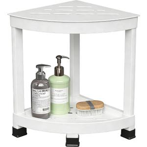 GallopFun Corner Shower Stool for Inside Shower, Waterproof Shower Bench for Shaving Legs, Plastic Anti-Fracture Shower Seat/Foot Rest with Baffle Storage Shelf, Rapid Assembly DIY Shelf (White)