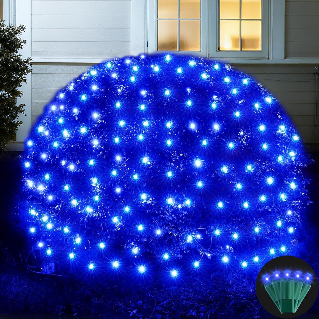 Led Net Lights Christmas Lights Outdoor 200Leds 9ft x 6ft Upgraded Blue Christmas Net Lighting, Waterproof 5mm LED Wide Angle Outdoor Indoor Mesh Net Light for Trees, Bushes, Shrubs Decorations