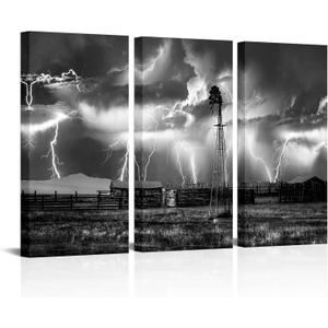 sechars Black and White Farm Windmill Wall Art Lightning Strikes in The Clouds Pictures Colorado Countryside Landscape Canvas Art Farmhouse Decoration