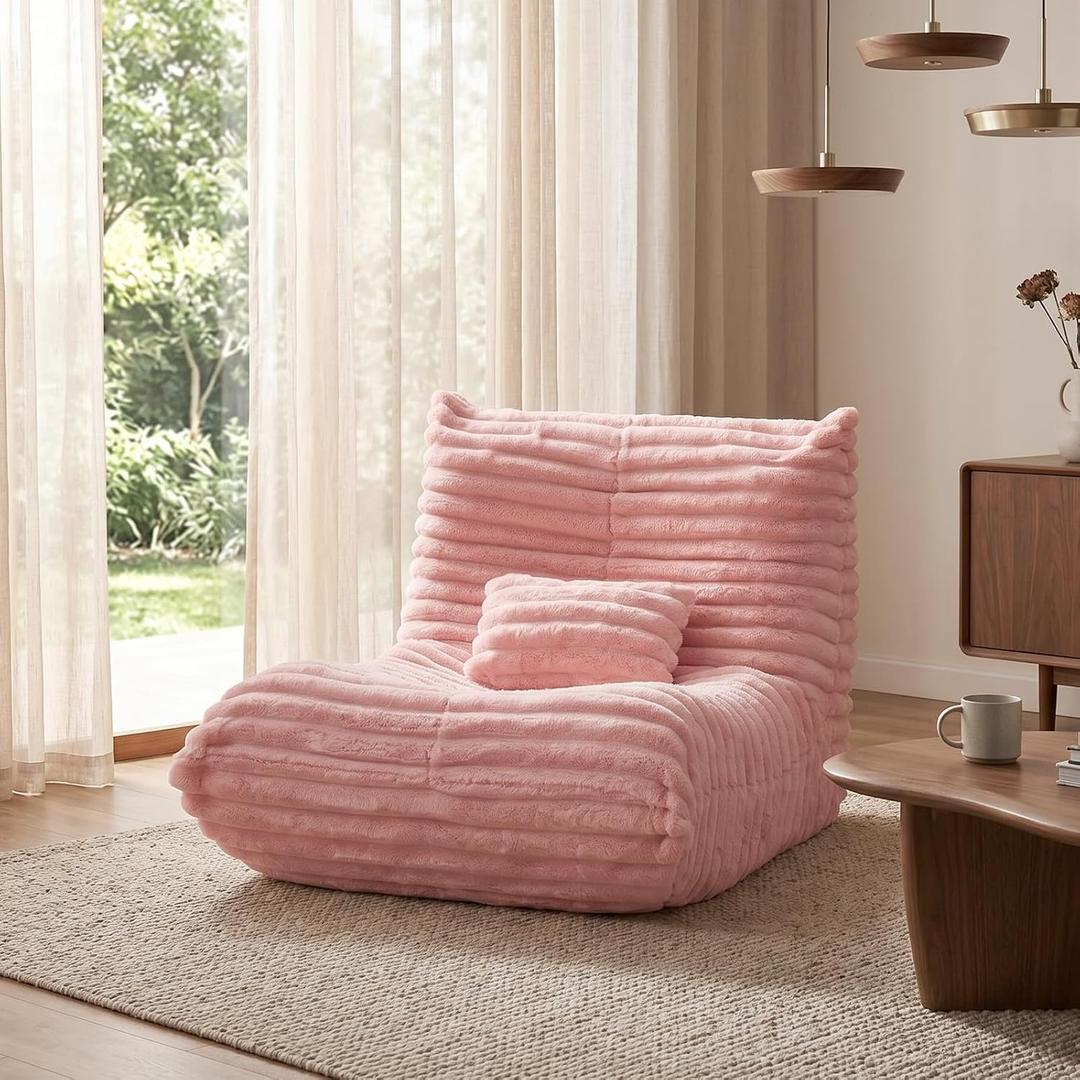 Bean Bag Chair for Adults, Giant Memory Foam Floor Sofa with Lumbar Pillow, Oversized Corduroy Beanbag Couch, Comfy Lounge Chair for Living Room, Bedroom, Apartment, Reading, Gaming, Pink, 39''L x 38''W x 29''H