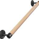 2FT Wood Hand Railing for Stairs - Wooden Handrails for Outdoor Steps, Staircase Handrail W/s Black Metal Brackets, Banister Deck Rails, Safety Grab Bars for Senior, Elderly & Kids (2 FT)