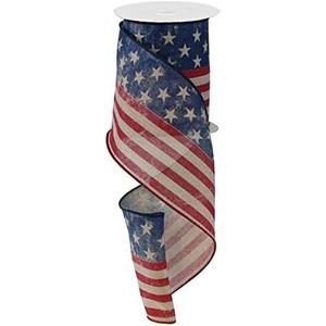 Craig Bachman 4" x 10 Yards Stars and Stripes Royal Burlap Ribbon, Wired Edge American Flag Patriotic Ribbon for Fourth of July Wreaths, Bows, DIY Crafts, RG1917A7